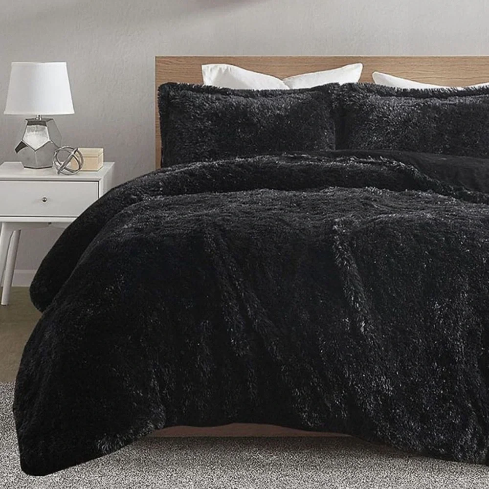Intelligent Design Malea Black Shaggy Faux Fur Duvet Cover Full Queen Set